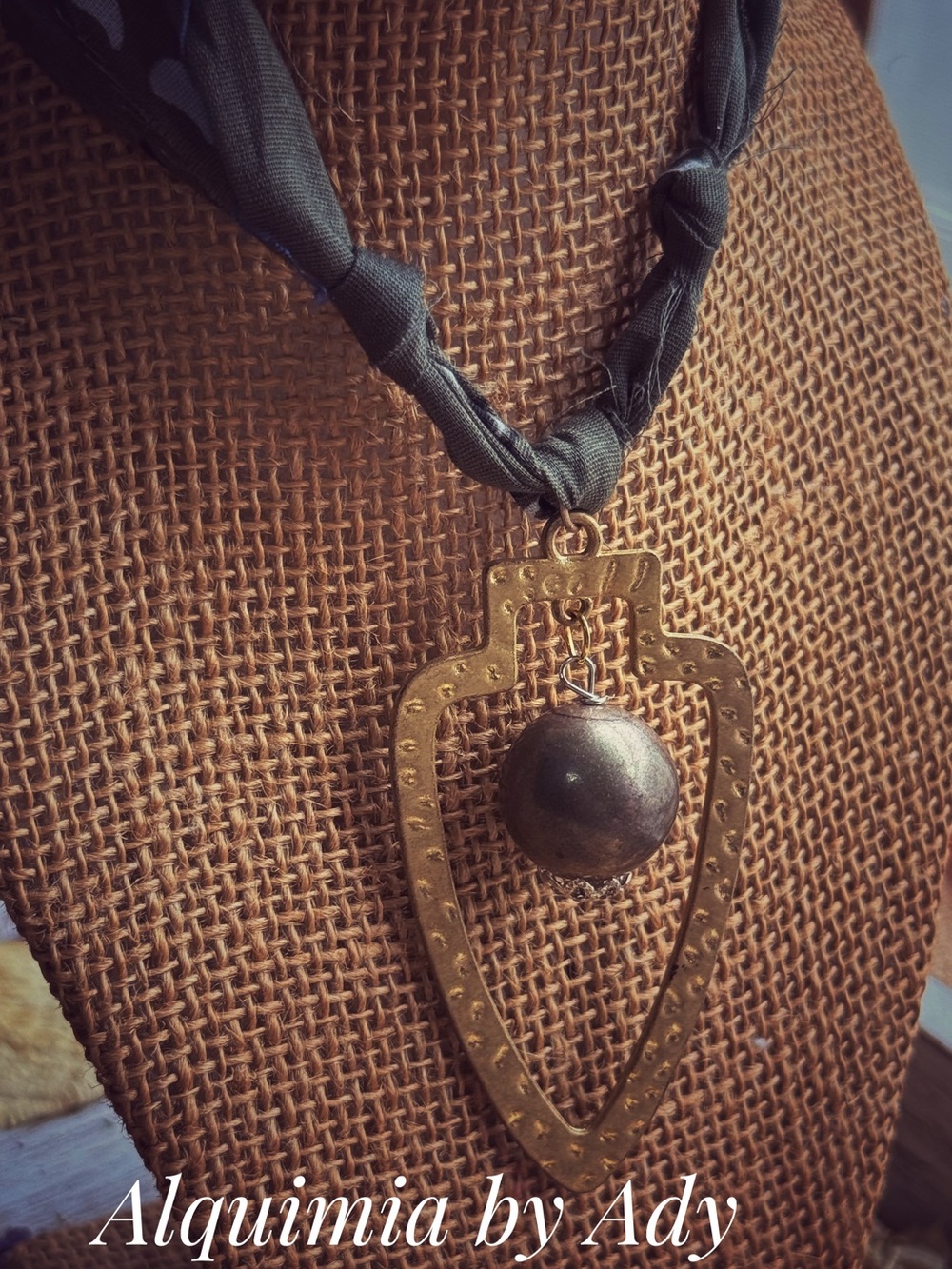 Sculptural Gold-Tone Pendant Necklace with Brown Stone + Olive fabric